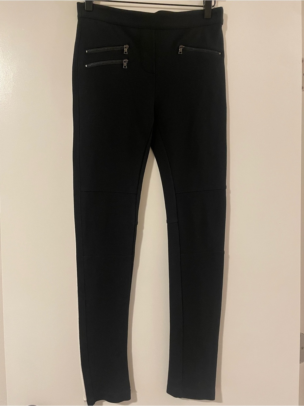 BCBGMaxAzria Black Slim Zip-Front Jogger Pants with white side stripe Sz small
